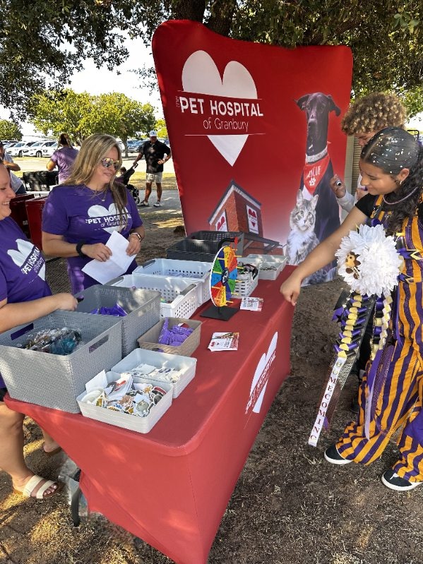 A woman dressed in costume poses next to a table where a dog is perched, highlighting a whimsical scene.